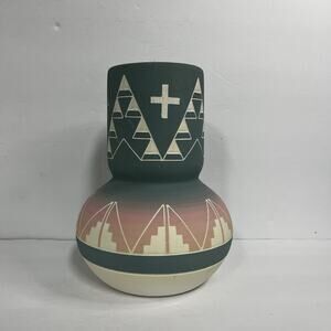 sioux pottery vase signed high elk 9 inches blue pink white